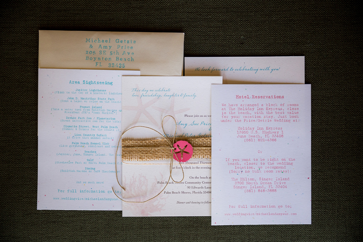Rustic Coral and Burlap Wedding Invitations | The Majestic Vision Wedding Planning | Palm Beach Shores Community Center in Palm Beach, FL | www.themajesticvision.com | Chris Kruger Photography