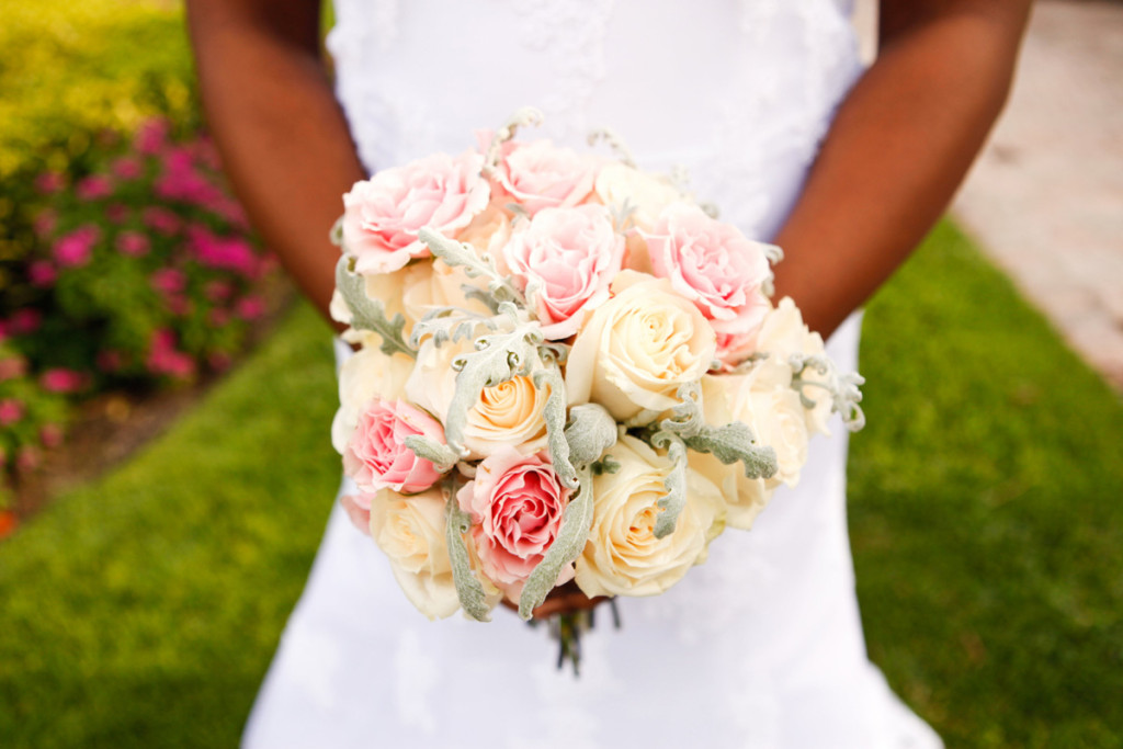 Romantic Bridal Bouquet with Blush Roses, White Roses and Dusty Miller | The Majestic Vision Wedding Planning | 32 East in Palm Beach, FL | www.themajesticvision.com | Krystal Zaskey Photography