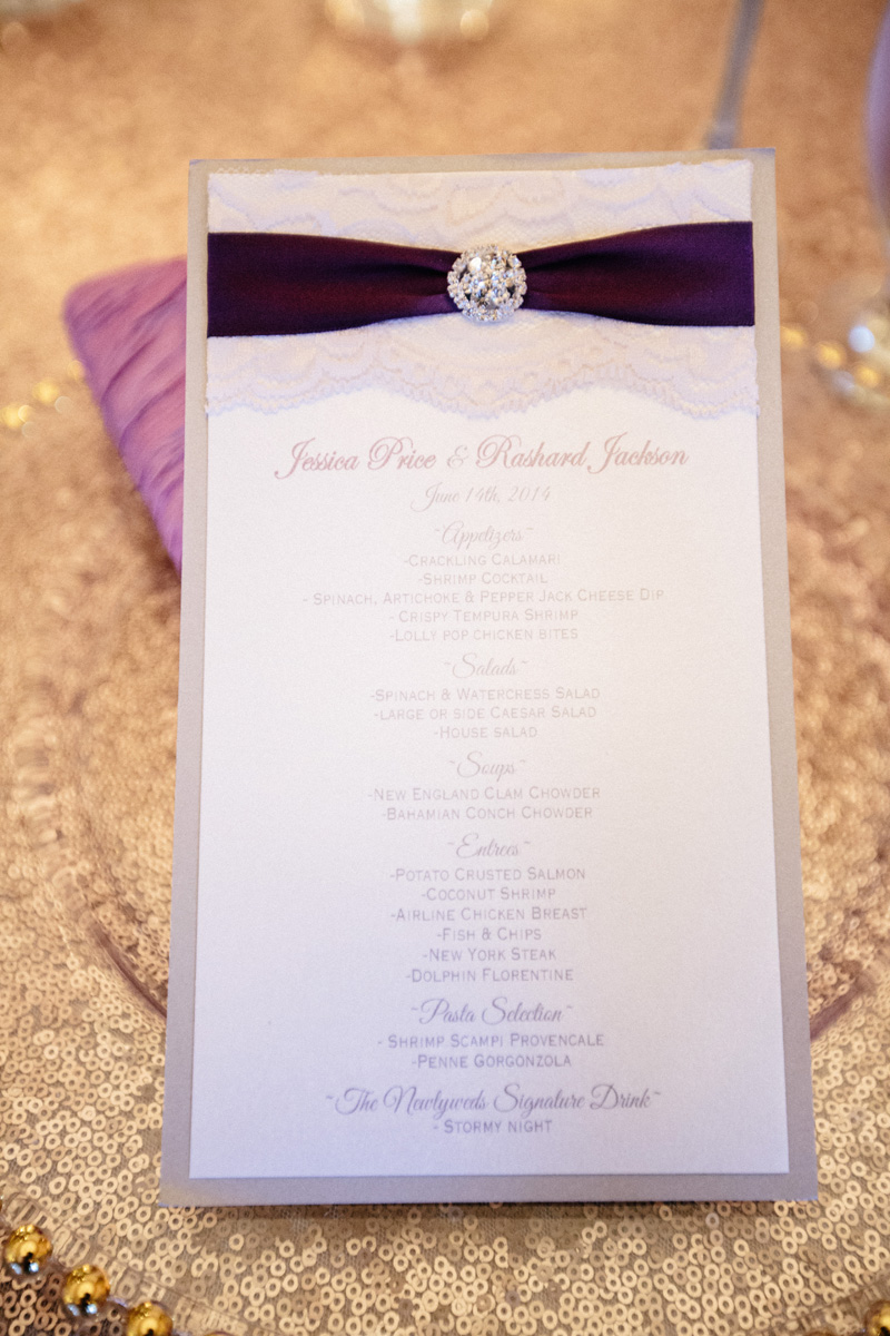 Elegant Purple and Lace Wedding Menu | The Majestic Vision Wedding Planning | Sailfish Marina in Palm Beach, FL | www.themajesticvision.com | Robert Madrid Photography