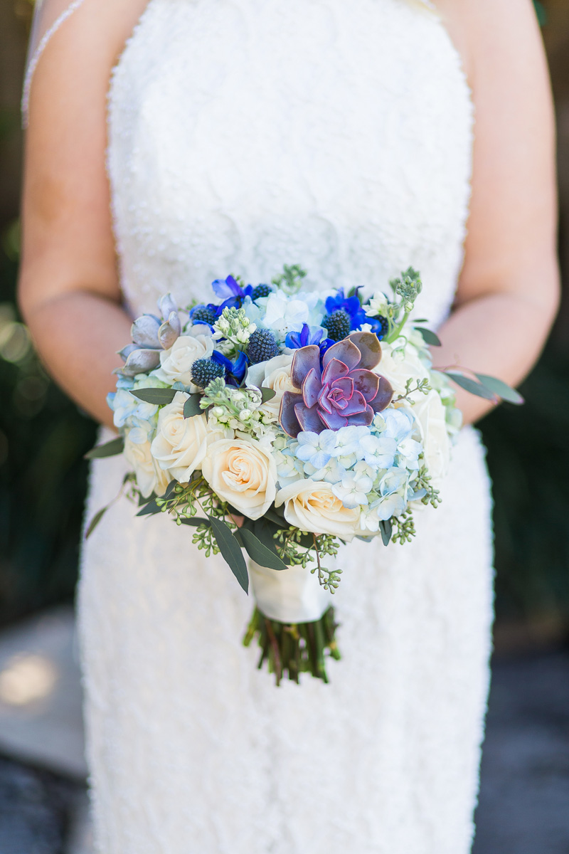Elegant Bridal Bouquet with Succulents, Cream Roses and Blue Hydrangea | The Majestic Vision Wedding Planning | Sailfish Marina in Palm Beach, FL | www.themajesticvision.com | Chris Kruger Photography