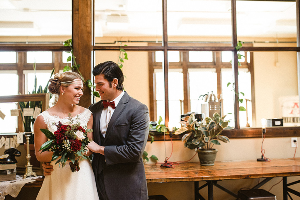 Stunning Bride in Mikaella Gown with Elegant Marsala Bridal Bouquet with Roses and Dahlias | The Majestic Vision Wedding Planning | Anodyne Coffee in Milwaukee, WI | www.themajesticvision.com | Elizabeth Haase Photography