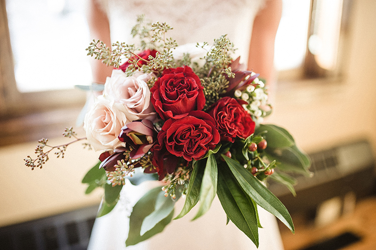 Elegant Marsala Bridal Bouquet with Roses and Dahlias | The Majestic Vision Wedding Planning | Anodyne Coffee in Milwaukee, WI | www.themajesticvision.com | Elizabeth Haase Photography