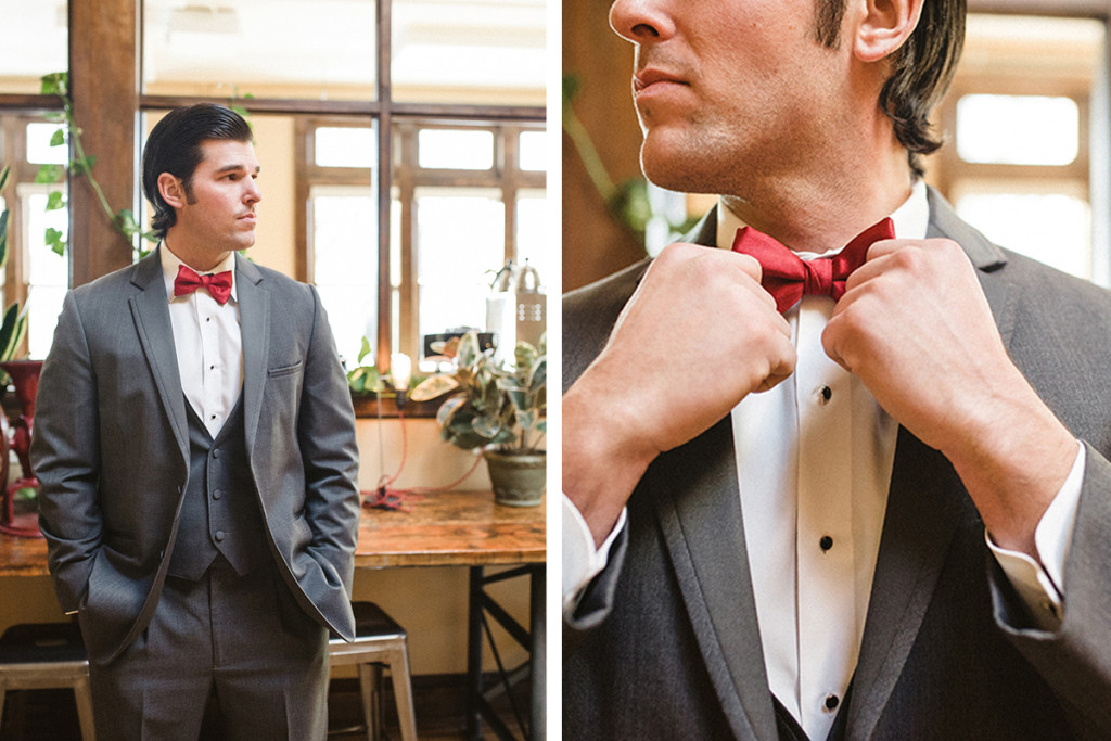 Handsome Groom in Gray Tux with Marsala Bowtie | The Majestic Vision Wedding Planning | Anodyne Coffee in Milwaukee, WI | www.themajesticvision.com | Elizabeth Haase Photography