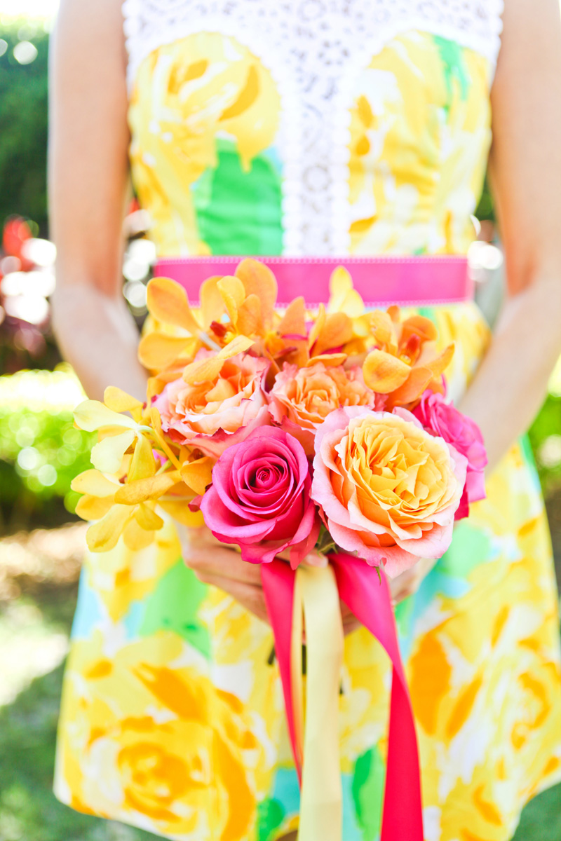 Elegant Lilly Pulitzer Inspired Bridesmaid Bouquet with Orange, Yellow and Pink Flowers | The Majestic Vision Wedding Planning | The Colony Hotel in Palm Beach, FL | www.themajesticvision.com | Krystal Zaskey Photography
