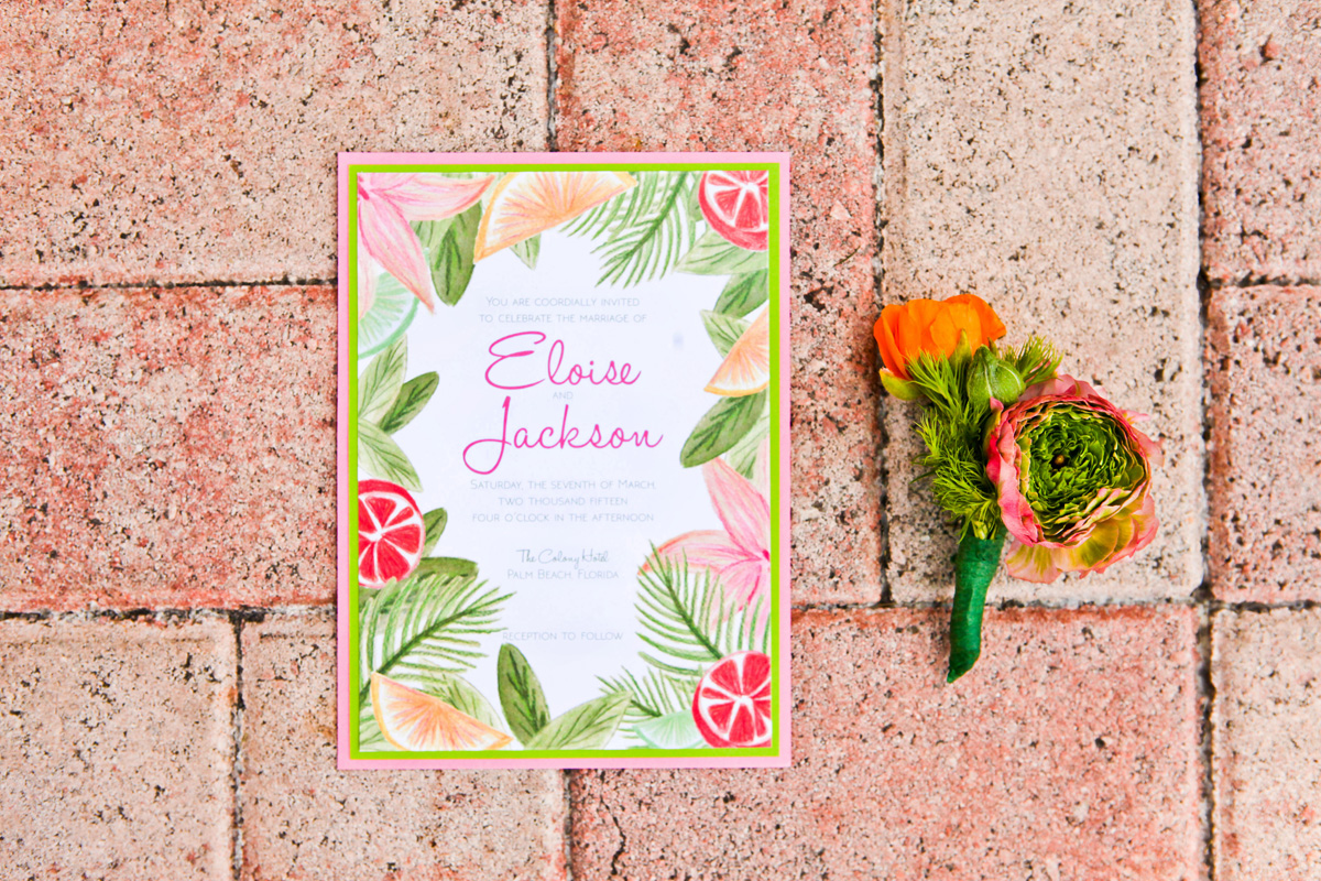 Elegant Lilly Pulitzer Inspired Palm Tree Wedding Invitation | The Majestic Vision Wedding Planning | The Colony Hotel in Palm Beach, FL | www.themajesticvision.com | Krystal Zaskey Photography