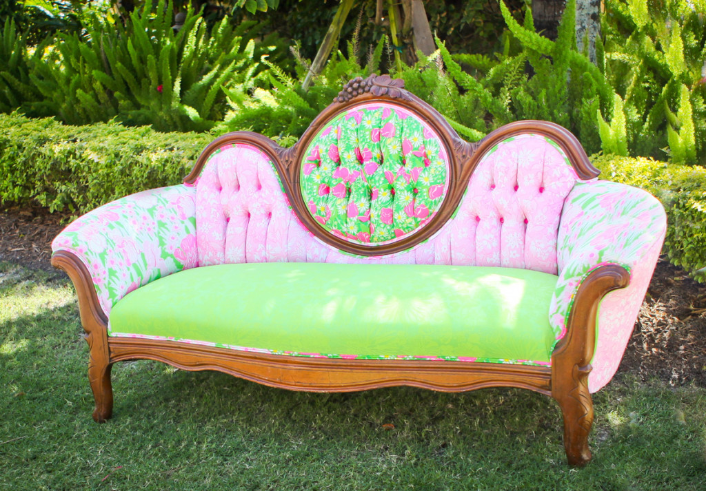 Elegant Lilly Pulitzer Couch with Vintage Lilly Pulitzer Fabric | The Majestic Vision Wedding Planning | The Colony Hotel in Palm Beach, FL | www.themajesticvision.com | Krystal Zaskey Photography