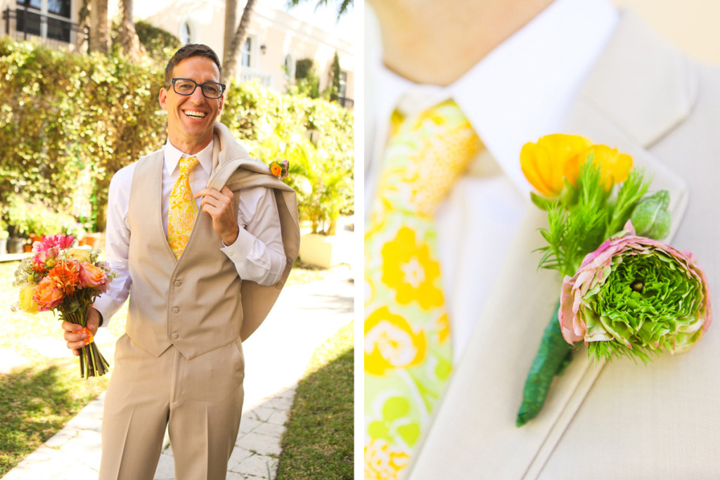 Vintage Yellow Lilly Pulitzer Tie with Elegant Lilly Pulitzer Inspired Groom Boutineer with Orange, Yellow and Pink Flowers | The Majestic Vision Wedding Planning | The Colony Hotel in Palm Beach, FL | www.themajesticvision.com | Krystal Zaskey Photography