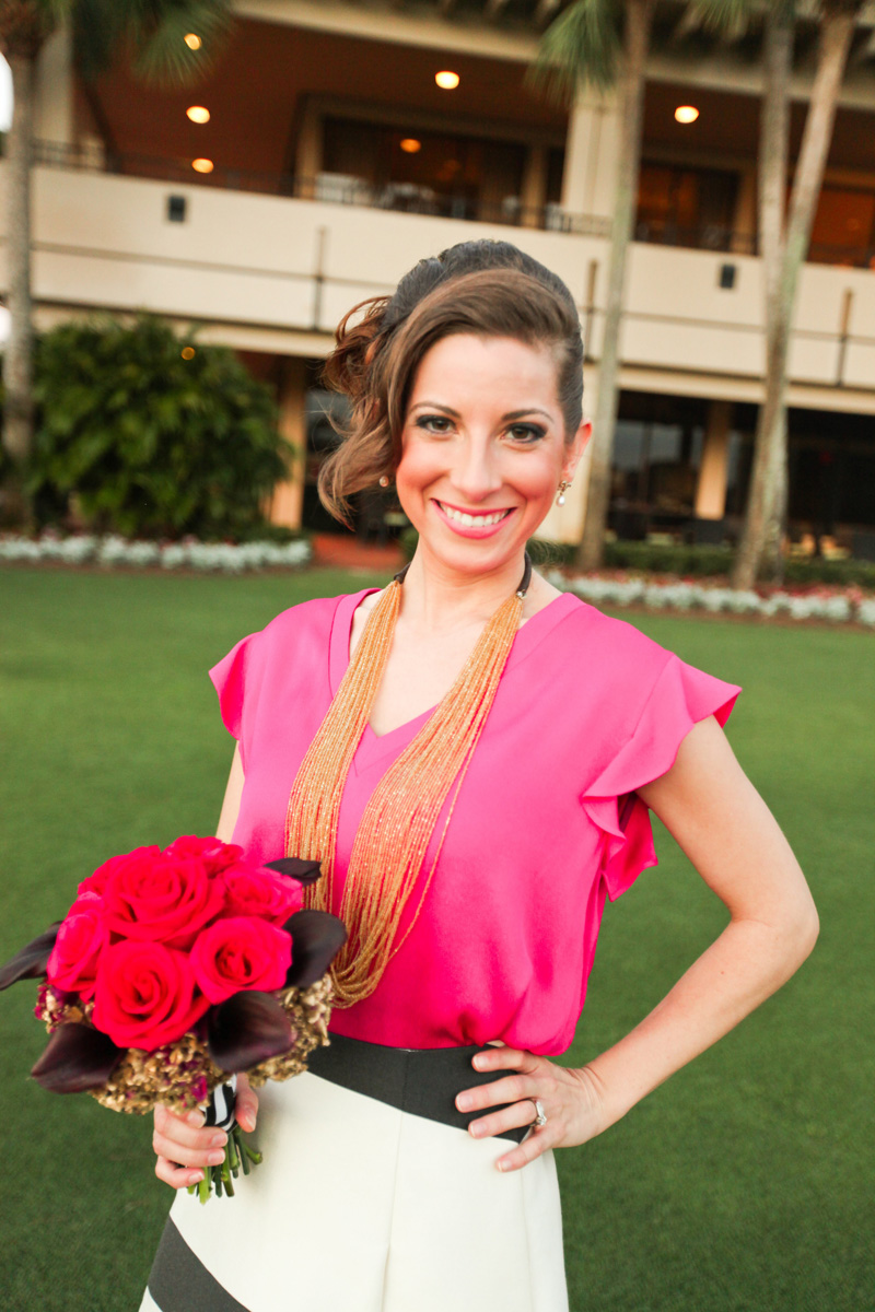 Modern Bridesmaid with Red Rose Bouquet Wearing Kate Spade Ensemble | The Majestic Vision Wedding Planning | Breakers West in Palm Beach, FL | www.themajesticvision.com | Krystal Zaskey Photography