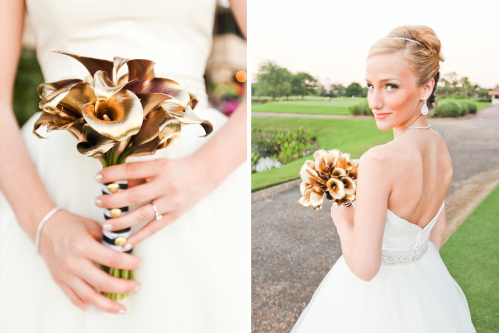 Modern Bridal Bouquet with Gold Tulips Wrapped in Black and White Fabric | The Majestic Vision Wedding Planning | Breakers West in Palm Beach, FL | www.themajesticvision.com | Krystal Zaskey Photography