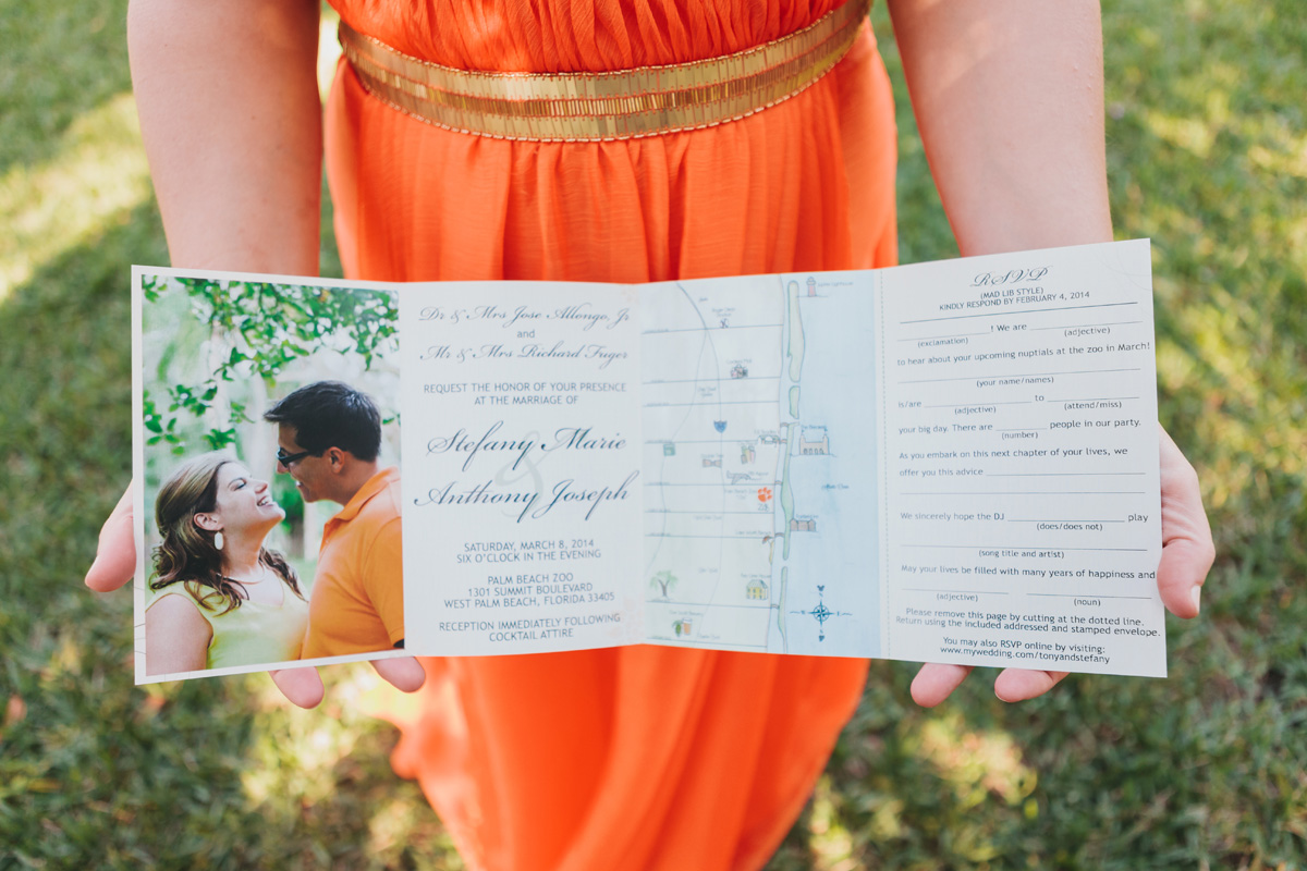 Quad-fold Wedding Invitation with Custom Map and RSVP Mad Lib | The Majestic Vision Wedding Planning | Palm Beach Zoo in Palm Beach, FL | www.themajesticvision.com | Robert Madrid Photography